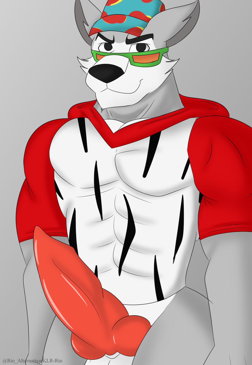 2019 80's_theme absurd_res anthro balls canid canine canis clothed clothing digital_media_(artwork) eyewear fur hat headgear headwear hi_res klr-rio knot looking_at_viewer male mammal mascot muscular muscular_male old_spice penis simple_background solo sunglasses wolf wolfthorn_(old_spice)