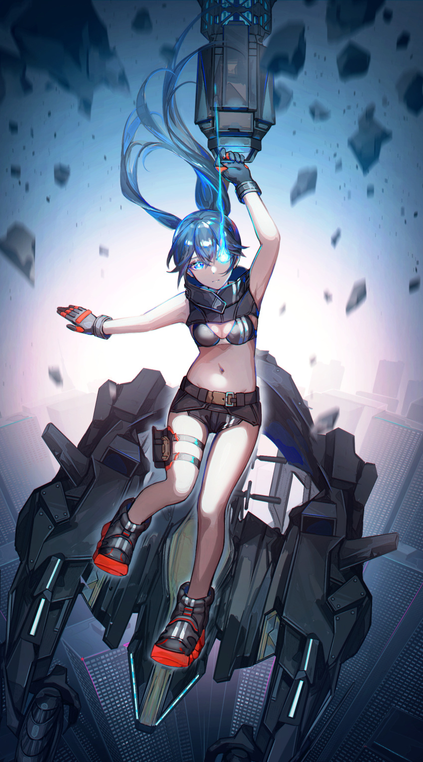 1girl akqne armpits arms_up bangs belt_buckle bikini bikini_top_only black_gloves black_hair black_rock_shooter black_rock_shooter:_dawn_fall black_rock_shooter_(character) black_shorts blue_eyes breasts buckle cleavage closed_mouth flaming_eye floating_hair full_body gloves grey_bikini grey_gloves groin hair_between_eyes highres holster long_hair looking_at_viewer midriff navel shiny shiny_hair short_shorts shorts small_breasts solo stomach swimsuit thigh_holster twintails very_long_hair
