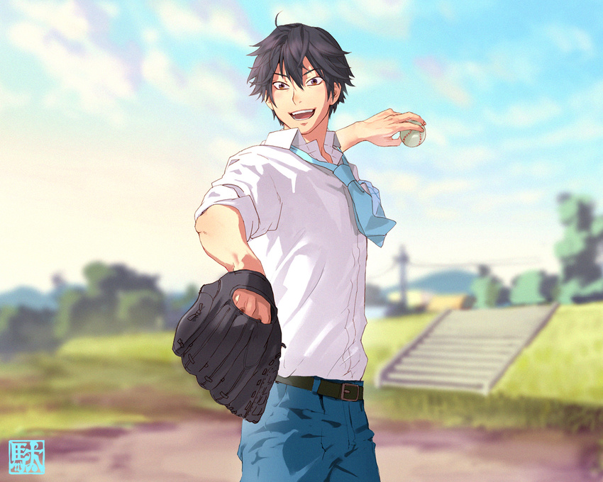 :d ball baseball baseball_mitt belt black_hair blue_sky brown_eyes cloud da_kata day dirt grass hands happy haruna_motoki male_focus necktie ookiku_furikabutte open_mouth outdoors pants playing power_lines sky smile solo stairs tree