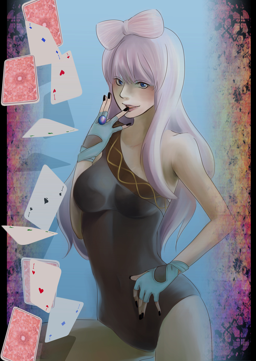 absurdres asymmetrical_clothes bare_shoulders blue_eyes bow breasts card fingerless_gloves gloves hair_bow highres jewelry june_rainydays lady_gaga_(copyright) large_breasts leotard long_hair megurine_luka nail_polish pink_hair ring solo vocaloid