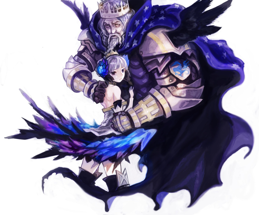 armor armored_dress bare_shoulders beard boots cape choker crown dress elbow_gloves facial_hair father_and_daughter flower gauntlets gloves gwendolyn hair_flower hair_ornament hat highres hug jewelry nd odin_(odin_sphere) odin_sphere purple_eyes red_eyes short_hair silver_hair size_difference strapless strapless_dress thigh_boots thighhighs wings