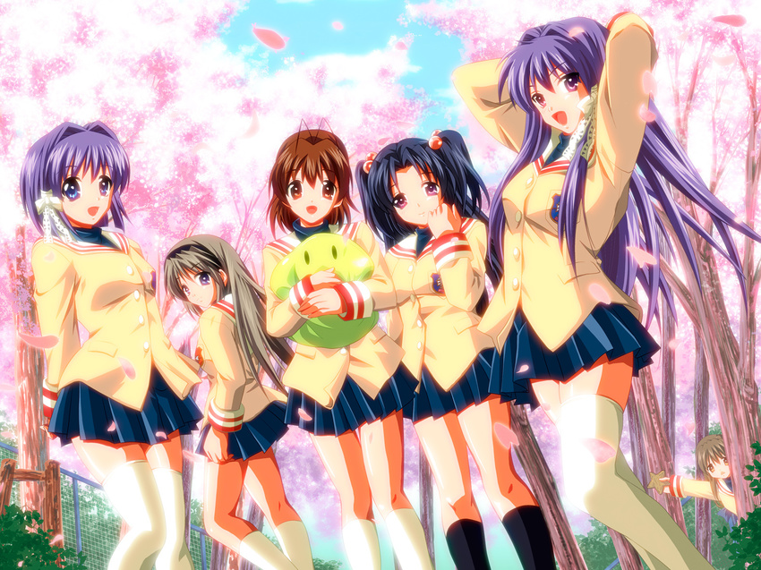 bad_id bad_pixiv_id blue_eyes blue_hair brown_eyes brown_hair cherry_blossoms clannad fujibayashi_kyou fujibayashi_ryou furukawa_nagisa hair_bobbles hair_ornament hikarizaka_private_high_school_uniform ibuki_fuuko ichinose_kotomi long_hair multiple_girls naka_noboru petals purple_eyes purple_hair sakagami_tomoyo school_uniform siblings sisters thighhighs twins two_side_up white_legwear