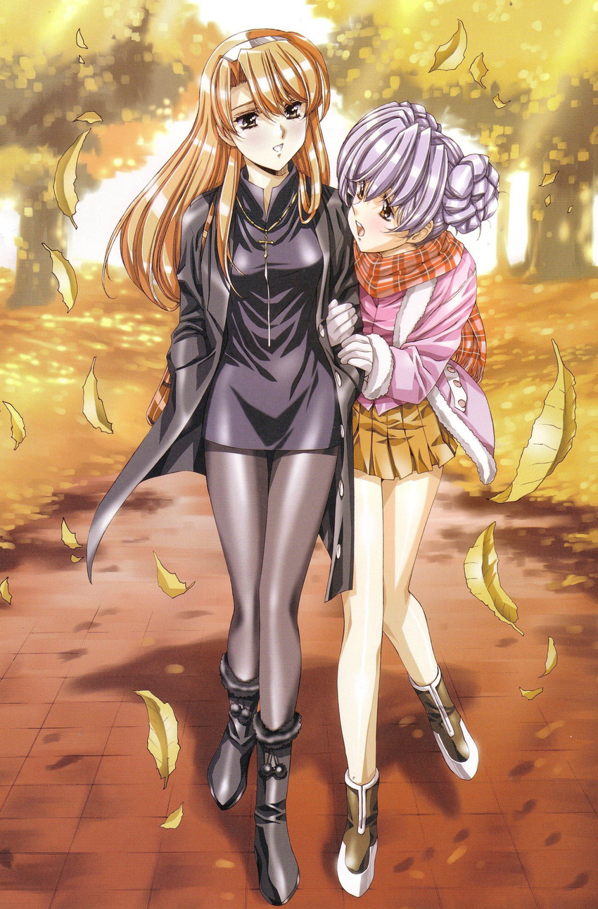 absurdres arm_hug brown_eyes brown_hair coat copyright_request cross gloves highres jewelry leaf legs long_hair multiple_girls necklace non-web_source pantyhose scan scan_artifacts silver_hair skirt urushihara_satoshi