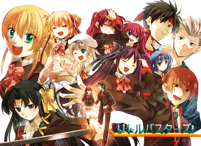 6+girls bad_id bad_pixiv_id bow everyone futaki_kanata highres inohara_masato kamikita_komari kurugaya_yuiko little_busters! miyazawa_kengo multiple_boys multiple_girls naoe_riki natsume_kyousuke natsume_rin nishizono_mio noumi_kudryavka pink_bow saigusa_haruka sasasegawa_sasami school_uniform sennen_suisei sword tokido_saya weapon