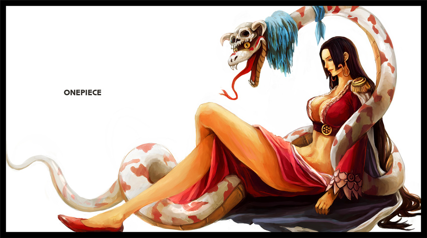 bad_id bad_pixiv_id black_hair blue_eyes boa_hancock breasts cleavage copyright_name crop_top crossed_legs earrings highres jewelry large_breasts legs long_hair long_legs midriff one_piece salome_(one_piece) sitting snake thighs tsuyomaru