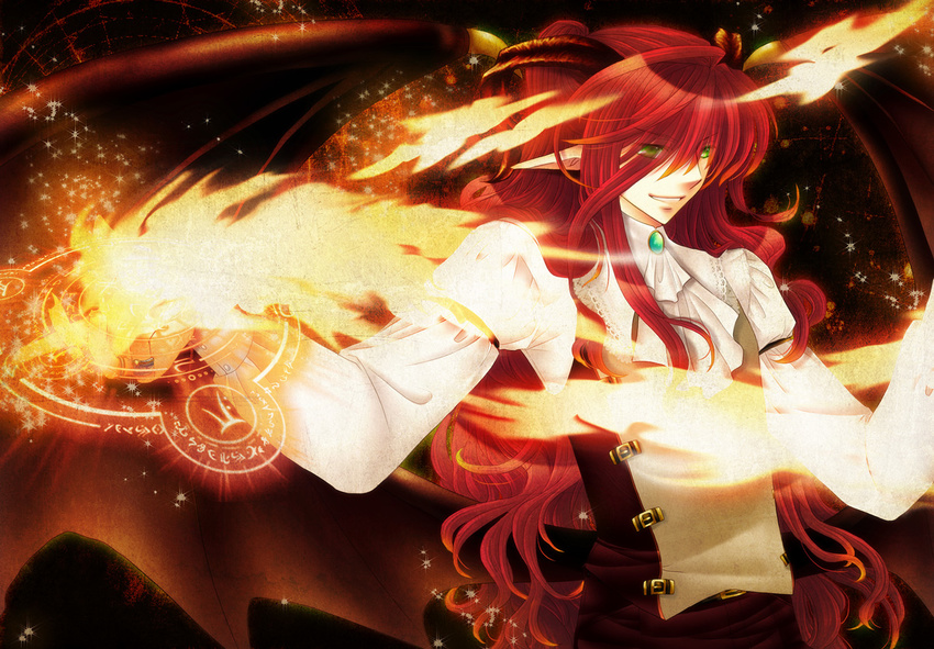 androgynous bad_id bad_pixiv_id bat_wings demon_boy fire formal green_eyes grin horns long_hair magic magic_circle male_focus narita_chika original pointy_ears red_hair smile solo suit very_long_hair wings