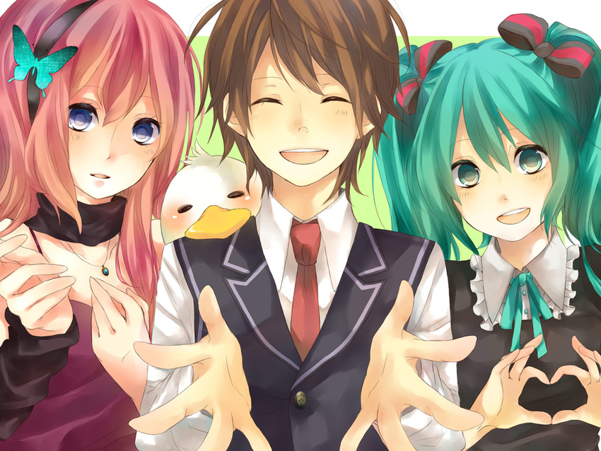 2girls aqua_eyes aqua_hair bad_id bad_pixiv_id bird bow bug butterfly duck formal gogoma_(yth) hair_bow hair_ornament hair_ribbon hairband hatsune_miku heart heart_hands highres insect jewelry long_hair megurine_luka multiple_girls necklace necktie niconico pink_hair ribbon smile suit tourai_(nico_nico_douga) twintails vocaloid