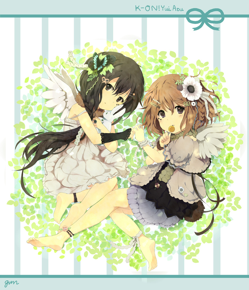 angel_wings anklet bare_shoulders barefoot black_eyes black_hair blue_eyes blush braid brown_hair bug bunny butterfly candy child feet flower food gum_(vivid_garden) hair_flower hair_ornament hairclip highres hirasawa_yui insect jewelry k-on! lollipop long_hair multiple_girls nakano_azusa open_mouth ring scarf short_hair skirt stuffed_animal stuffed_toy white_skirt wings