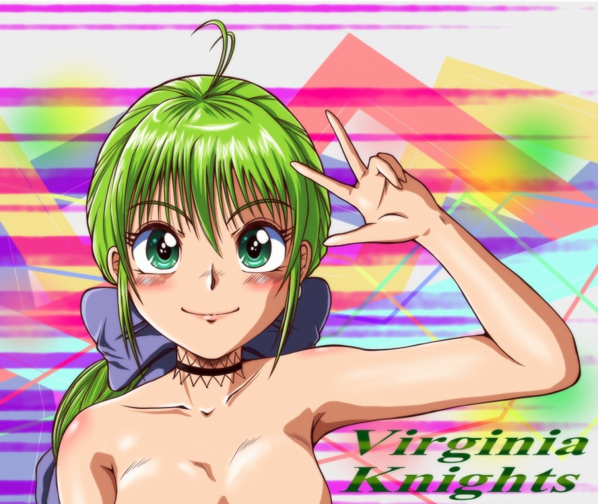 1girl bare_shoulders black_choker blush breasts choker closed_mouth commentary_request green_eyes green_hair hair_ribbon long_hair looking_at_viewer multi-tied_hair ponytail ribbon saga saga_frontier_2 smile solo virginia_knights