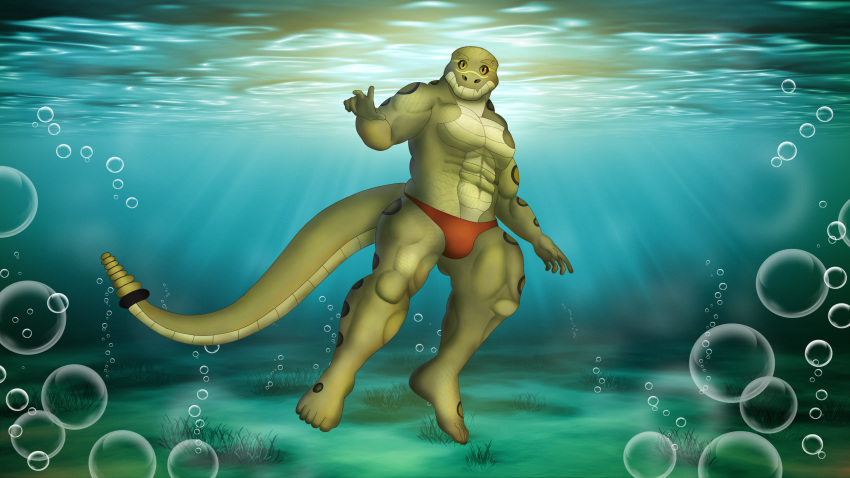 16:9 4k absurd_res anthro barefoot clothed clothing feet hi_res looking_at_viewer male muscular persegan scalie solo swimwear underwater water