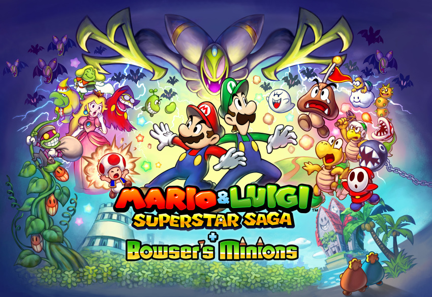 bat bat_wings beach bean boo box_art building cackletta chain_chomp cloud crown dress evil_smile eyebrows eyelashes eyes_closed fawful female fireball flag glasses gloves goomba grass hammer hammer_bro hammer_bros. hat highres koopa koopa_troopa lakitu lightning lipstick luigi male mario mario_(series) mario_and_luigi_(series) mario_bros mustache nintendo official_art open_mouth overalls palm_tree pink_dress piranha_plant pokey popple poster prince_peasley princess_peach royalty shocked shyguy smile smoke super_mario_bros. tears teeth title toad toad_(mario) tongue tower vine vines water wings