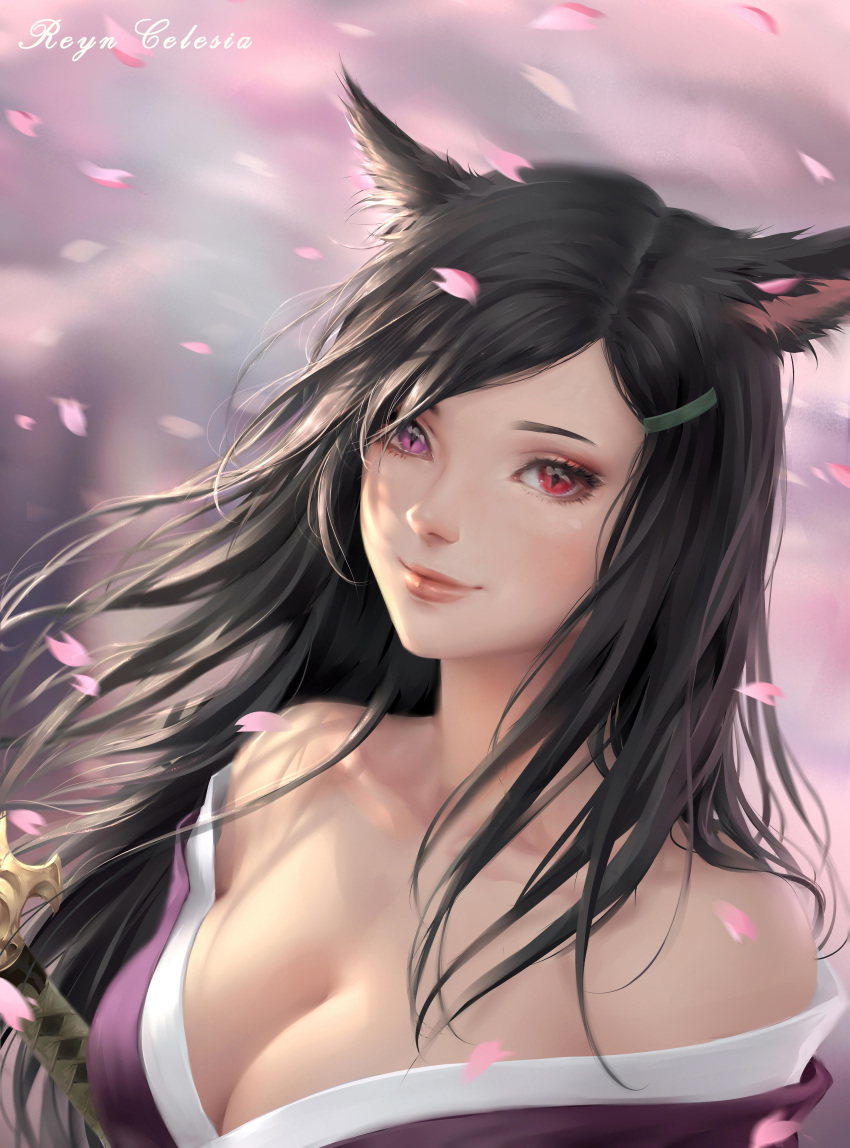 1girl absurdres animal_ears bare_shoulders black_hair blurry blurry_background breasts cat_ears character_name chuby_mi cleavage closed_mouth commission dutch_angle final_fantasy final_fantasy_xiv heterochromia highres japanese_clothes kimono lips long_hair looking_at_viewer medium_breasts miqo'te off_shoulder petals slit_pupils smile solo sword upper_body weapon wind