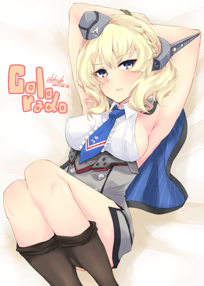 1girl alakoala_shoushou armpits arms_behind_back arms_up bangs bare_shoulders blonde_hair blue_eyes blue_neckwear blush breasts brown_legwear capelet closed_mouth colorado_(kantai_collection) commentary_request dress eyebrows_visible_through_hair garrison_cap grey_dress hair_between_eyes hat headgear highres kantai_collection large_breasts looking_at_viewer lying necktie on_back pantyhose shirt short_hair side_braids sideboob sleeveless solo white_shirt