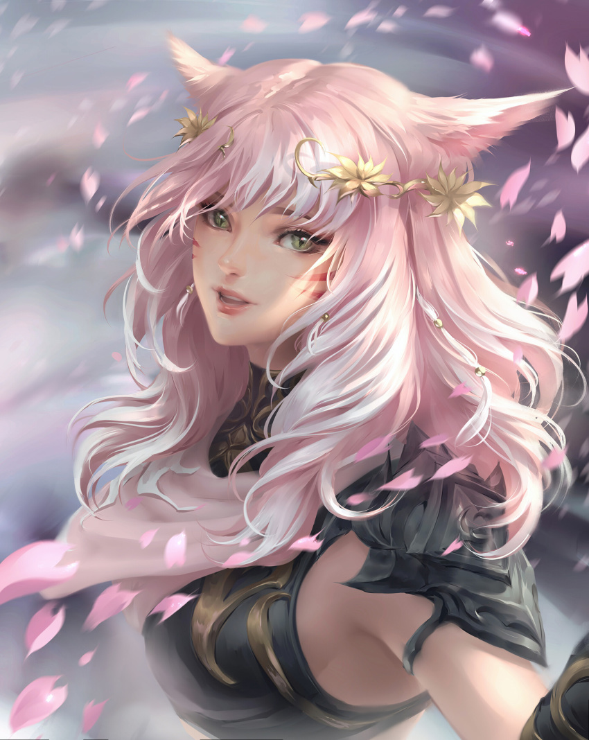 1girl absurdres animal_ears blurry blurry_background breasts cat_ears chuby_mi circlet commission facial_mark final_fantasy final_fantasy_xiv highres lips long_hair looking_at_viewer medium_breasts miqo'te open_mouth petals pink_hair profile shoulder_armor sleeveless slit_pupils solo whisker_markings yellow_eyes