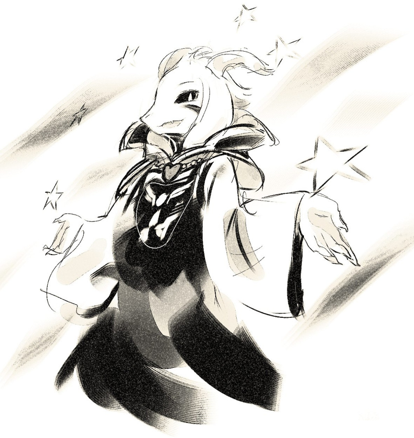 2018 5_fingers anthro asriel_dreemurr black_and_white bovid caprine clothing fangs goat hi_res horn looking_at_viewer male mammal monochrome rikuta simple_background solo star undertale video_games