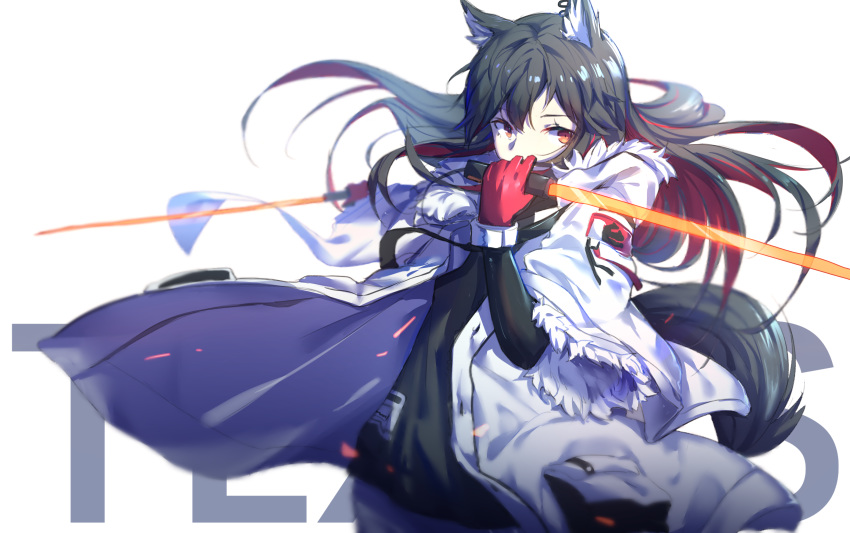 1girl absurdres animal_ear_fluff animal_ears arknights black_hair black_shirt character_name commentary_request ear_piercing fur-trimmed_jacket fur-trimmed_sleeves fur_trim gloves highres holding holding_sword holding_weapon jacket long_sleeves multicolored_hair piercing pocket red_gloves red_hair shirt sword tail texas_(arknights) two-tone_hair weapon white_background white_jacket wolf_ears yumuto_(spring1786)