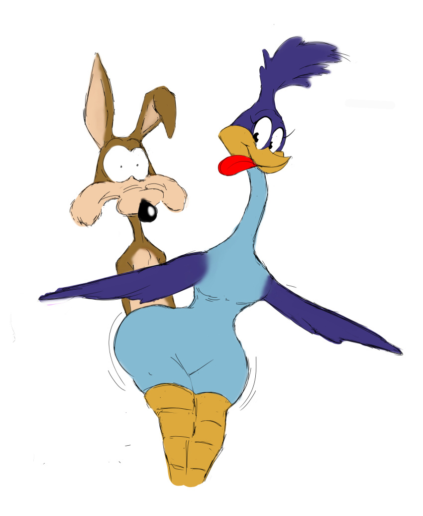 2019 absurd_res anthro avian beak big_breasts big_butt bird breasts butt crazykat crossgender cuculiform digital_drawing_(artwork) digital_media_(artwork) english_text female greater_roadrunner hi_res huge_butt looking_at_viewer looney_tunes new_world_ground_cuckoo non-mammal_breasts on_one_leg open_beak open_mouth outside road_runner_(looney_tunes) roadrunner side_boob signature solo standing talons text thick_thighs thin_waist tongue voluptuous warner_brothers wile_e._coyote