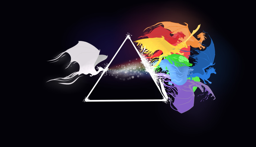 2018 absurd_res album_cover ambiguous_gender barefoot claws colorful cover digital_media_(artwork) dragon feral flying group hi_res ishiru membrane_(anatomy) membranous_wings pink_floyd rainbow scalie sharp_claws the_dark_side_of_the_moon_(album) toe_claws triangle_(disambiguation) wings