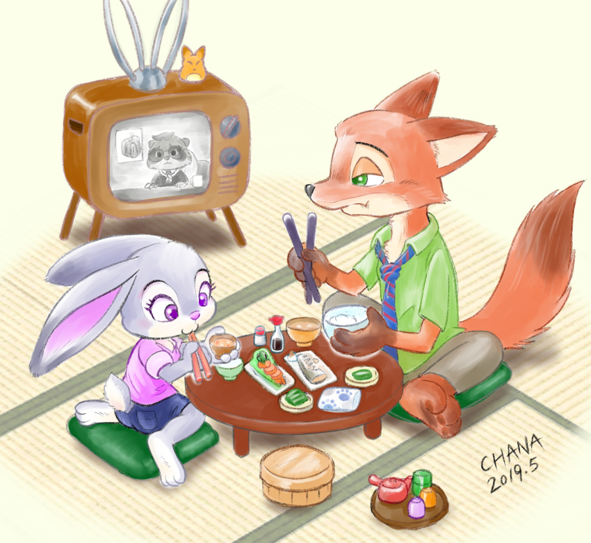 2019 anthro canid canine carrot chana clothed clothing cushion disney duo female food fox fur green_eyes grey_fur hair hi_res holding_object judy_hopps lagomorph leporid mammal necktie nick_wilde orange_fur plant purple_eyes rabbit red_fox rice simple_background sitting soy_sauce sushi television vegetable white_background zootopia