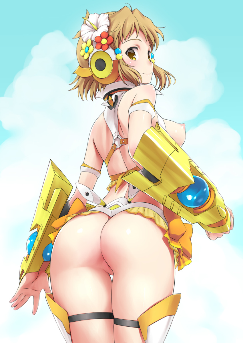 1girl ass bare_shoulders blue_sky breasts brown_hair cloud cowboy_shot flower from_behind gauntlets hair_flower hair_ornament hairclip headgear headphones highres looking_at_viewer looking_back medium_breasts nipples orange_eyes outdoors senki_zesshou_symphogear shiny shiny_hair shiny_skin short_hair sky solo standing tachibana_hibiki_(symphogear) tamahiyo