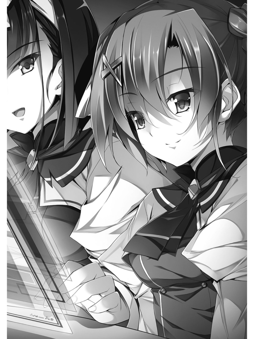 2girls amami_mikihiro christina_balcuhorn freon_flamel greyscale hair_ornament highres kuusen_madoushi_kouhosei_no_kyoukan monochrome multiple_girls novel_illustration official_art open_mouth school_uniform smile smirk