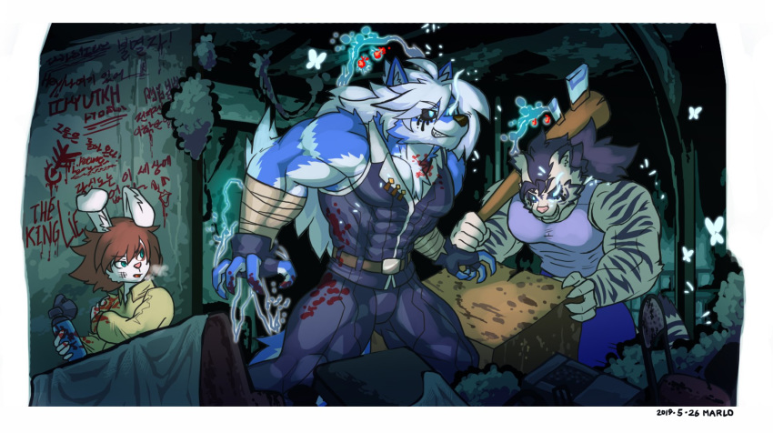 2019 abs anthro biceps canid canine canis cheong_hwan clothed clothing digital_media_(artwork) felid female fur glowing glowing_eyes hair hi_res lagomorph leporid male mammal mark_gimenaseu multicolored_fur muscular muscular_male pantherine rabbit simple_background tiger wolf wolfmalro