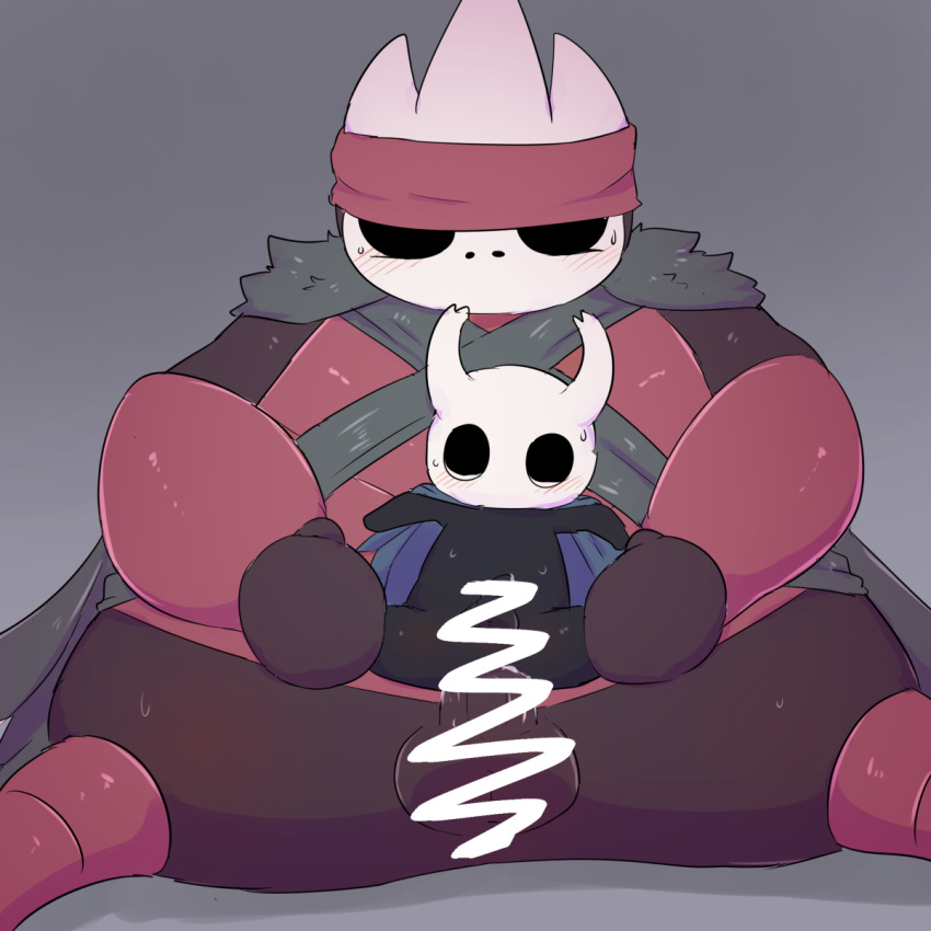 1:1 anal big_dom_small_sub black_skin blush censored clothing featureless grey_background hi_res hollow_knight male male/male mixeeeel overweight overweight_male simple_background size_difference sweat