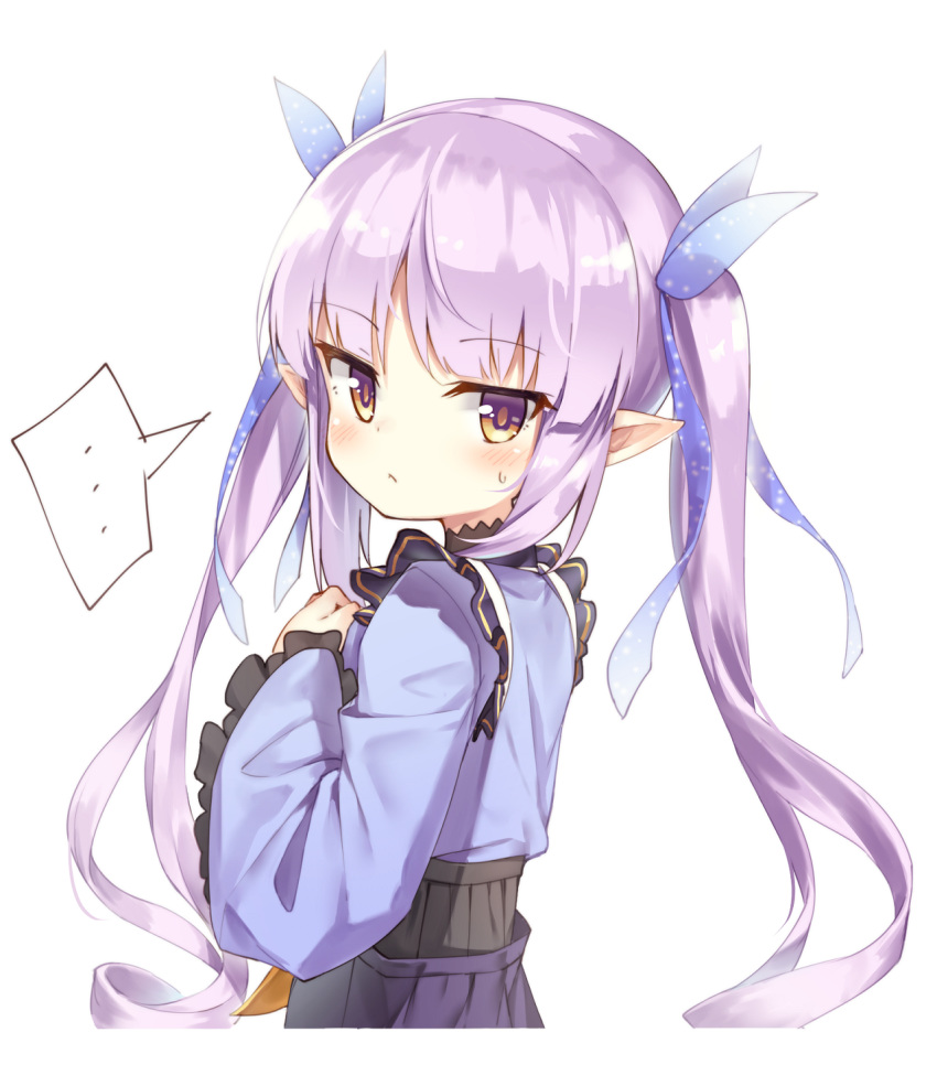... 1girl blue_kimono blue_ribbon blush brown_eyes closed_mouth darnell frilled_sleeves frills hair_ribbon hand_up highres hikawa_kyoka japanese_clothes kimono long_hair long_sleeves pleated_skirt pointy_ears princess_connect! princess_connect!_re:dive purple_hair purple_skirt ribbon sidelocks simple_background skirt solo spoken_ellipsis sweat twintails very_long_hair white_background wide_sleeves