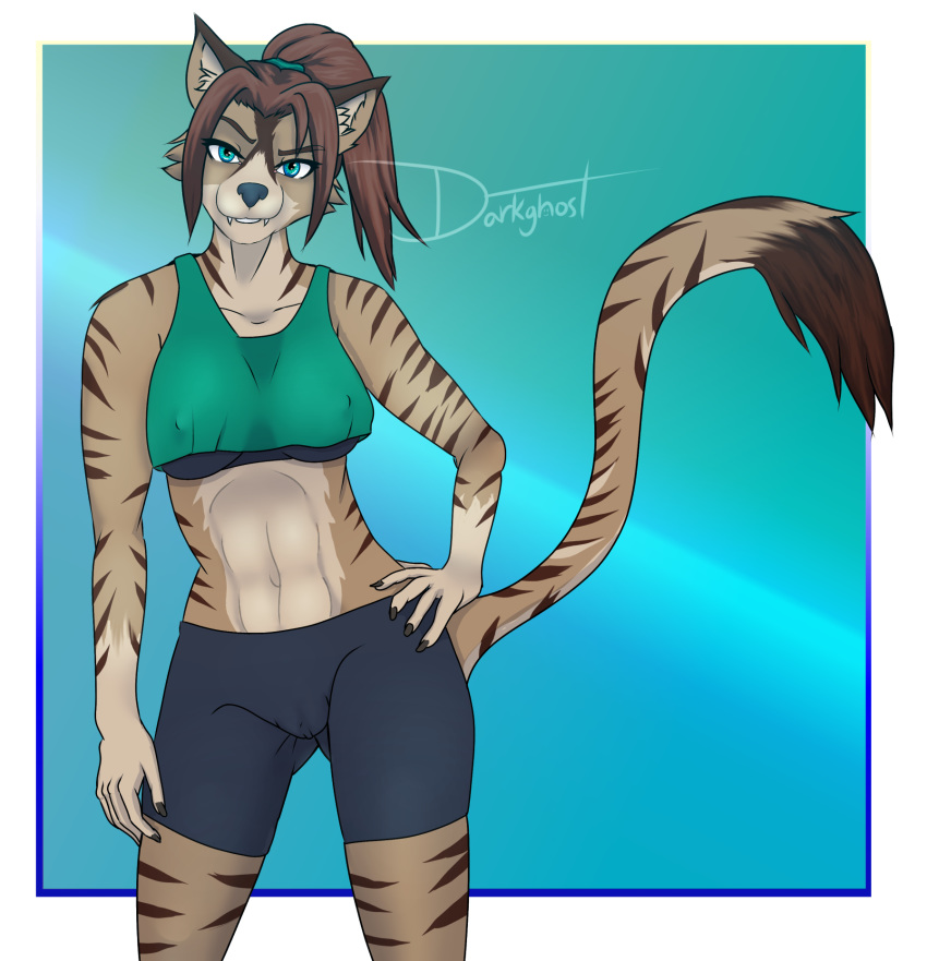 2019 anthro bike_shorts blue_eyes bottomwear bra breasts clothed clothing darkghost digital_media_(artwork) felid feline felis female fur hair hi_res looking_at_viewer mammal muscular navel shorts simple_background smile solo standing topwear under_boob underwear