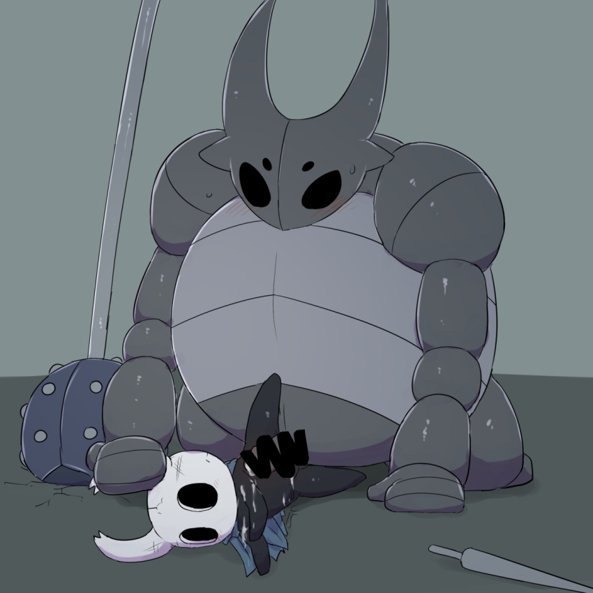 1:1 big_dom_small_sub black_skin blush censored cum featureless forced grey_background hi_res hollow_knight male male/male mixeeeel overweight overweight_male rape simple_background size_difference sweat