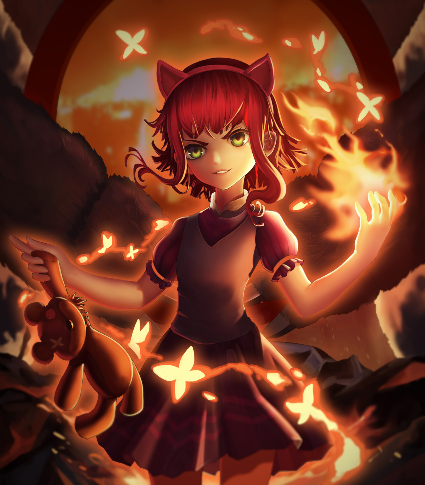 1girl animal_ears annie_hastur backpack bag button_eyes cat_ears estcc fake_animal_ears fire green_eyes hand_up highres league_of_legends looking_at_viewer multiple_girls red_hair short_hair short_hair_with_long_locks short_sleeves skirt standing stuffed_animal stuffed_toy teddy_bear tibbers