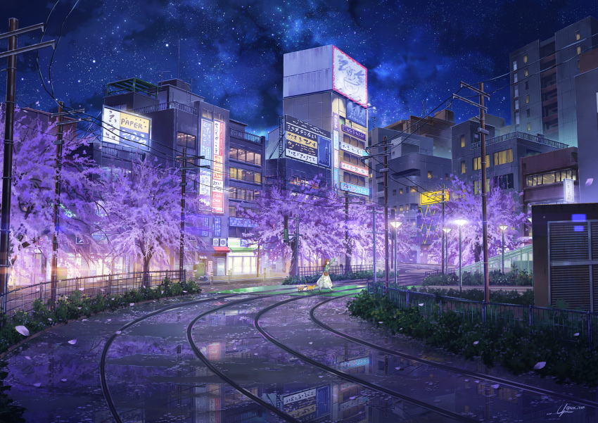 animal brown_hair building cat cherry_blossoms city flowers long_hair niko_p original petals reflection scenic signed skirt sky stars tree water