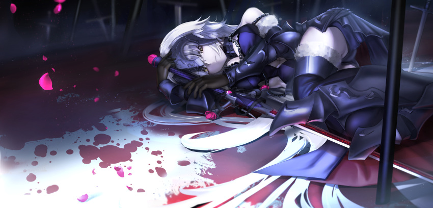 1girl absurdres ahoge armor armored_dress black_dress black_gloves black_legwear breasts chain dress fate/grand_order fate_(series) faulds fur_trim gauntlets gloves greaves headpiece highres huge_filesize jeanne_d'arc_(alter)_(fate) jeanne_d'arc_(fate)_(all) large_breasts long_hair lying nakasaku-p on_side silver_hair solo sword thighhighs vambraces very_long_hair weapon yellow_eyes