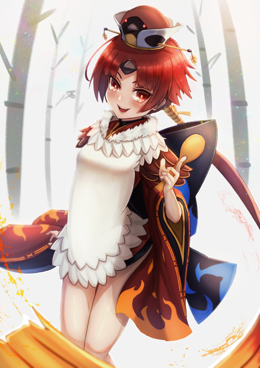 1girl absurdres bamboo bangs benienma_(fate/grand_order) black_headwear commentary cowboy_shot day dutch_angle fate/grand_order fate_(series) hat highres holding japanese_clothes kimono long_hair long_sleeves looking_at_viewer open_mouth outdoors ponytail red_eyes red_hair short_kimono smile solo standing tacch very_long_hair white_sky wide_sleeves