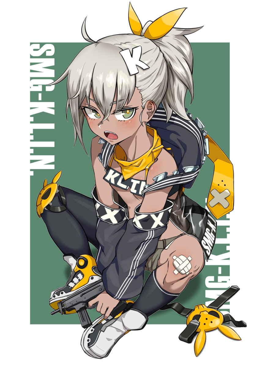 1girl ahoge asymmetrical_legwear bangs between_legs black_footwear black_jacket black_legwear black_sleeves boots brown_shorts character_name commentary_request detached_sleeves eyebrows_visible_through_hair fangs finger_on_trigger girls_frontline green_background green_eyes gun hair_between_eyes hair_ornament hair_ribbon hand_between_legs high_ponytail highres holding holding_gun holding_weapon jacket klin_(girls_frontline) kneehighs long_sleeves micro_shorts object_namesake open_clothes open_jacket open_mouth orange_pupils ponytail puffy_long_sleeves puffy_sleeves ribbon see-through shorts silver_hair single_kneehigh single_thighhigh sitting sleeveless_jacket solo submachine_gun thighhighs two-tone_background ubo_db v-shaped_eyebrows weapon weapon_request white_background yellow_ribbon