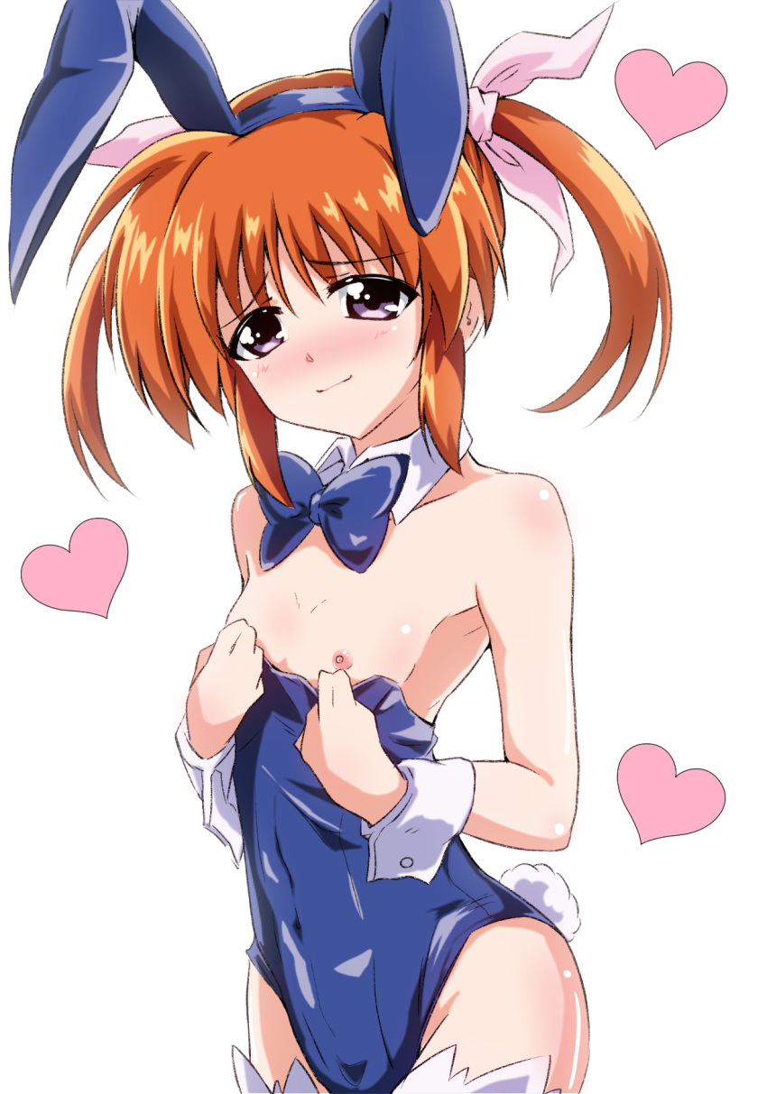 1girl animal_ears blue_eyes blue_leotard blue_neckwear blush bow bowtie breasts brown_hair bunny_ears bunny_tail bunnysuit closed_mouth collarbone fake_animal_ears fake_tail hair_ornament hair_ribbon heart heart_background highres leotard leotard_pull looking_at_viewer lyrical_nanoha mahou_shoujo_lyrical_nanoha mahou_shoujo_lyrical_nanoha_a's nipples ribbon shiny shiny_clothes shiny_hair shiny_skin short_hair simple_background small_breasts smile solo tail takamachi_nanoha thighhighs user_jvnc5823 white_legwear