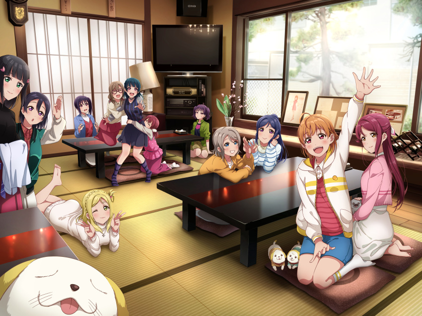 6+girls :d ^_^ absurdres ahoge arm_up bangs barefoot black_hair black_shirt blue_hair blue_jacket blue_skirt blunt_bangs blush braid closed_eyes commentary_request crown_braid cushion day dog double_w dvd_player elbows_on_table flower foot_up glasses green_jacket grey_hair hair_ribbon hair_rings half_updo highres hood hood_down hooded_jacket hug hug_from_behind indoors jacket kazuno_leah kazuno_sarah kneehighs kneeling kougi_hiroshi kunikida_hanamaru kurosawa_dia kurosawa_ruby lamp long_hair looking_at_viewer love_live! love_live!_sunshine!! love_live!_sunshine!!_the_school_idol_movie_over_the_rainbow lying making-of_available matsuura_kanan medium_skirt miniskirt multiple_girls no_shoes ohara_mari on_stomach open_mouth orange_hair petting picture_frame pink_jacket pink_shirt puppy purple_hair raglan_sleeves red_eyes red_hair red_shirt ribbon sakurauchi_riko seiza shiitake_(love_live!_sunshine!!) shirt side_ponytail sitting skirt smile speaker spoilers standing striped striped_legwear striped_shirt sweatdrop table takami_chika tatami television tree tsushima_yoshiko twintails vase w watanabe_tsuki watanabe_you waving white_jacket white_legwear white_skirt window