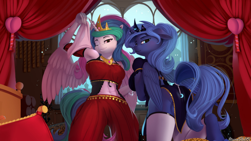 16:9 2019 anthro belly_dancing clothed clothing dancing discordthege equid equine friendship_is_magic hi_res horn looking_at_viewer mammal my_little_pony one_eye_closed princess_celestia_(mlp) princess_luna_(mlp) winged_unicorn wings wink