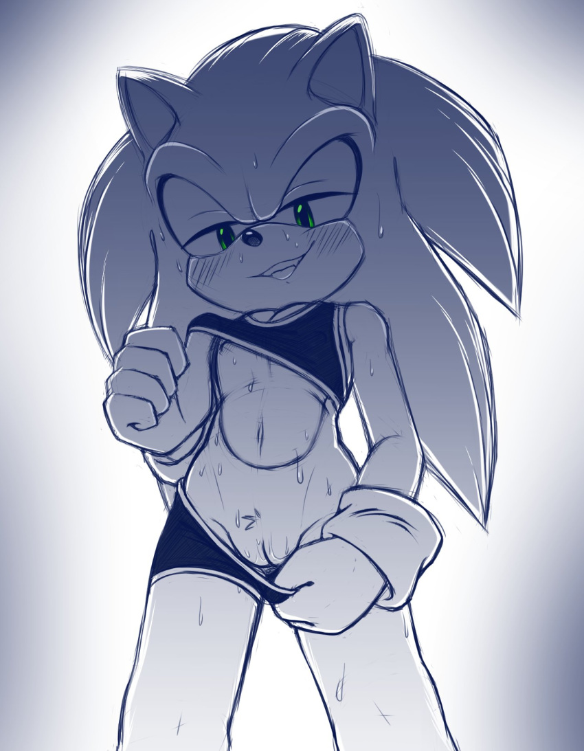 anthro blush bra clothing crossgender cuntboy eulipotyphlan hedgehog intersex mammal nowykowski7 pussy sketch solo sonic_(series) sonic_the_hedgehog sports_bra sweat underwear undressing