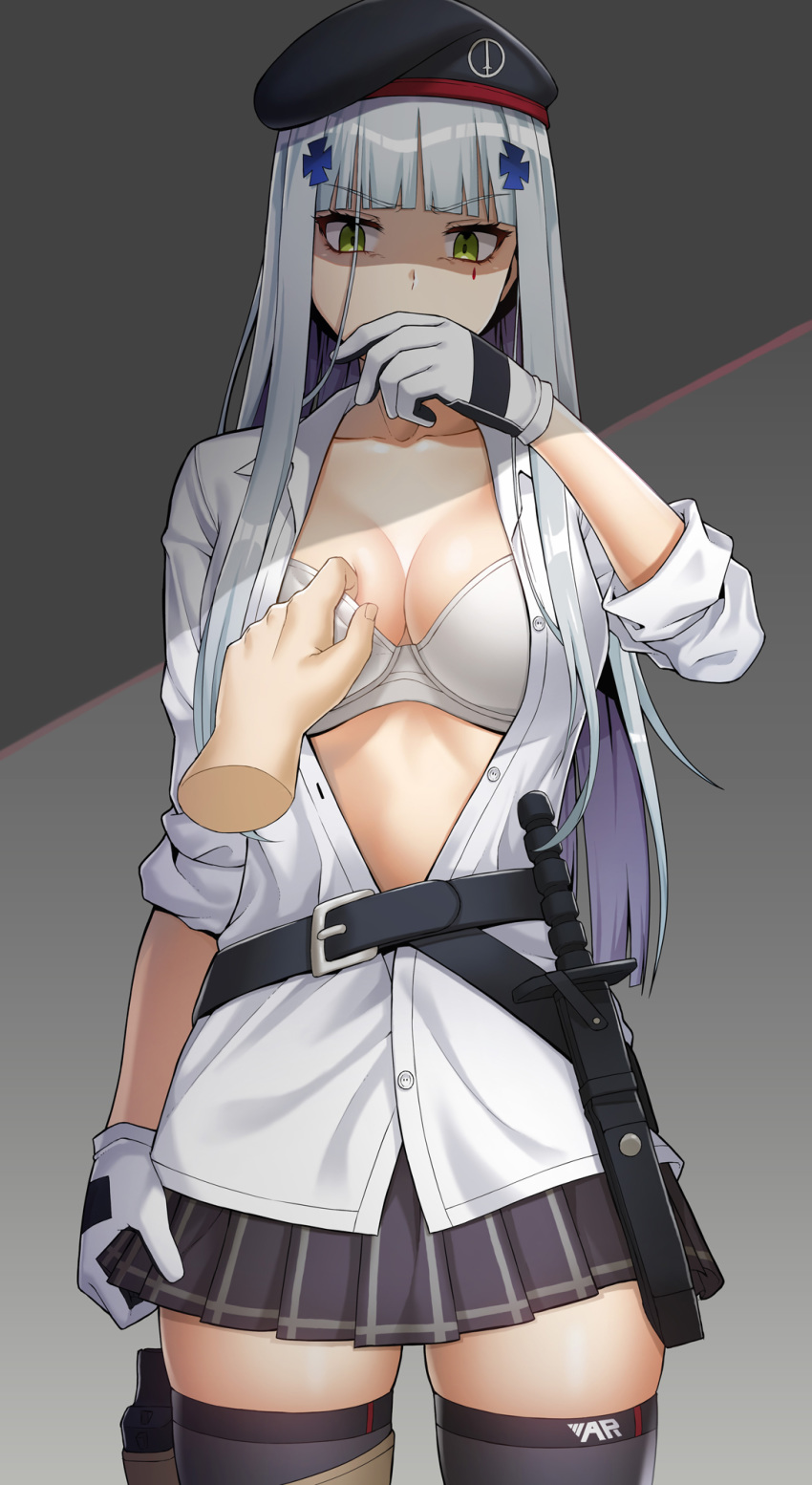 1girl assault_rifle bangs beret blunt_bangs bra breasts cleavage disembodied_limb dress_shirt gesugao girls_frontline green_eyes grey_hair gun h&amp;k_hk416 hand_to_own_mouth hat highres hk416_(girls_frontline) holster iron_cross knife medium_breasts rifle s-goon shaded_face shirt skindentation skirt_grab sleeves_rolled_up solo thigh_holster thighhighs thighs underwear weapon white_background white_bra white_shirt zettai_ryouiki