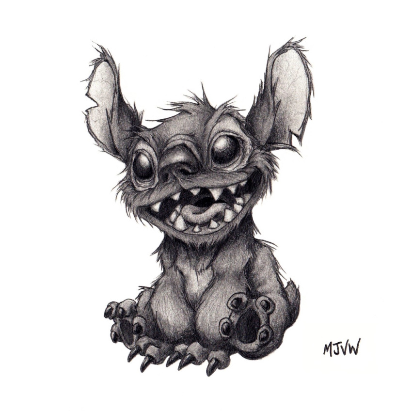 1:1 2018 4_toes alien claws disney experiment_(species) fluffy fur graphite_(artwork) greyscale hi_res lilo_and_stitch mike_van_waes monochrome notched_ear open_mouth open_smile pawpads pencil_(artwork) realistic sharp_teeth simple_background sitting small_tail smile stitch teeth toes traditional_media_(artwork) white_background