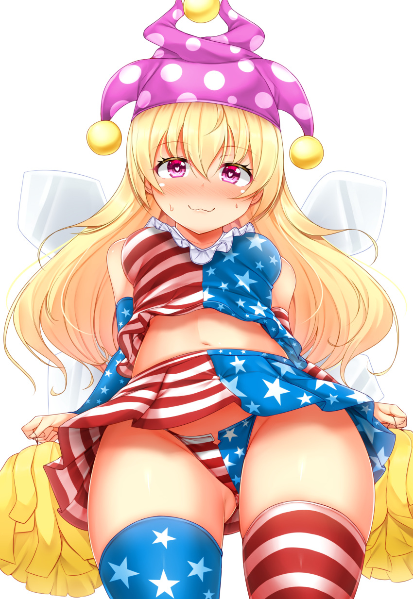 1girl :3 adapted_costume american_flag_legwear american_flag_panties american_flag_shirt american_flag_skirt ass_visible_through_thighs bangs bare_shoulders blonde_hair blue_legwear blue_panties blue_shirt blue_skirt blush cheerleader clownpiece commentary_request cowboy_shot crop_top detached_sleeves eyebrows_visible_through_hair fairy_wings from_below groin hair_between_eyes hat heart heart-shaped_pupils highres holding holding_pom_poms jester_cap long_hair long_sleeves looking_at_viewer midriff miniskirt mismatched_legwear navel neck_ruff nose_blush panties pantyshot pantyshot_(standing) pleated_skirt polka_dot polka_dot_hat pom_poms purple_eyes purple_headwear red_legwear red_panties red_shirt red_skirt shirt simple_background skirt skirt_set sleeveless sleeveless_shirt smile solo standing star star_print stomach striped striped_legwear striped_panties striped_shirt striped_skirt sweat symbol-shaped_pupils thighs tokoya_(ex-hetare) touhou underwear white_background white_legwear white_panties white_shirt white_skirt wings