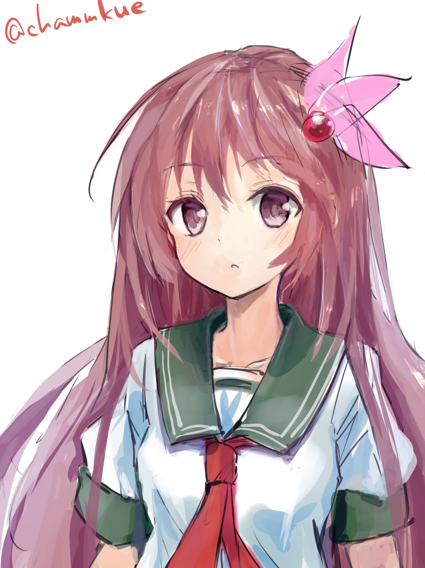 1girl absurdres brown_eyes brown_hair chamu_(chammkue) green_sailor_collar hair_ornament highres kantai_collection kisaragi_(kantai_collection) long_hair looking_at_viewer neckerchief red_neckwear remodel_(kantai_collection) sailor_collar school_uniform serafuku simple_background solo twitter_username upper_body white_background