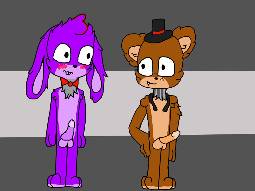 absurd_res balls bonnie_(fnaf) brown_ears brown_fur clothing digital_media_(artwork) erection eye_contact five_nights_at_freddy's floppy_ears freddy_(fnaf) fur grey_background hat headgear headwear hi_res humanoid_penis lagomorph leporid long_ears looking_at_another male mammal multicolored_fur nude penis pink_balls pink_penis purple_ears purple_fur rabbit simple_background standing tan_penis two_tone_fur unknown_artist ursid video_games white_balls white_fur