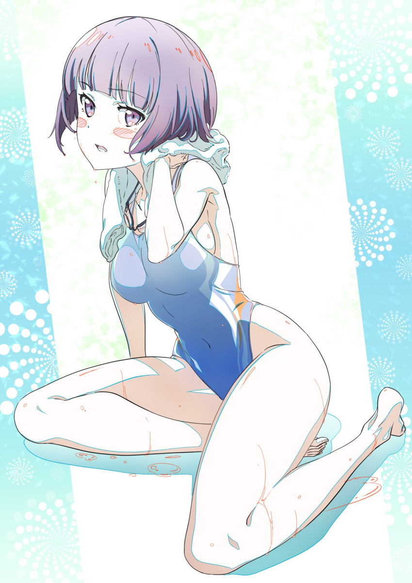 1girl bangs blue_swimsuit blunt_bangs blush blush_stickers breasts covered_navel eromanga_sensei eyebrows_visible_through_hair goggles goggles_around_neck highres large_breasts looking_at_viewer one-piece_swimsuit pink_x purple_eyes purple_hair senju_muramasa short_hair sitting solo swimsuit towel towel_around_neck wet yokozuwari