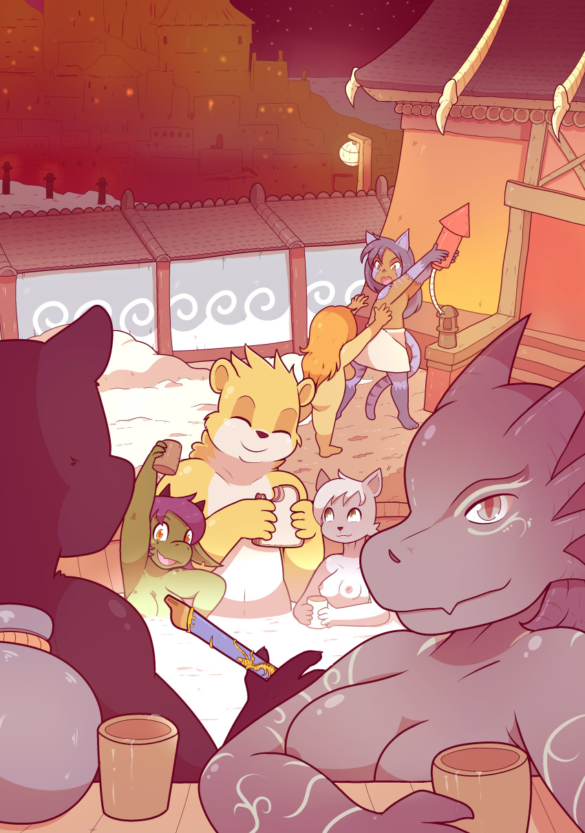 absurd_res alcohol amber beverage breasts clothed clothing corrine dragonborn dungeons_and_dragons dwarf female grig_ironcedar half-tabaxi hi_res hot_spring humanoid jynx_(tabra) kobold magpie_(mechgryph) male mammal peaceful pickle_(rosetti) pipe rajan_(lanhao) rodent rosetti sciurid short_stack tabaxi topless ursid water