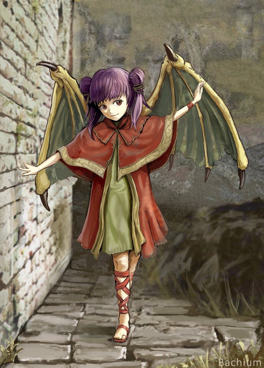 1girl bachium brick_wall dragon_girl dragon_wings dress fire_emblem fire_emblem:_seima_no_kouseki fire_emblem_heroes highres looking_to_the_side mamkute myrrh purple_hair red_dress red_eyes red_shawl red_wristband sandals smile twintails walking wings