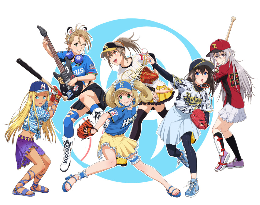 6+girls :d :q ;d ahoge animal_ears arm_up asymmetrical_legwear ball baseball baseball_bat baseball_cap baseball_mitt baseball_uniform black_legwear black_skirt black_sleeves blonde_hair blue_eyes blue_footwear blue_legwear blue_nails blue_shirt blue_skirt blush boots brown_hair choker collarbone copyright_request dark_skin dress_shirt elbow_pads fake_animal_ears floating_hair frilled_skirt frills fukuoka_softbank_hawks full_body green_eyes grey_eyes grey_shirt grin guitar hair_between_eyes hair_ornament hair_scrunchie hairband hat headphones headphones_around_neck high_heel_boots high_heels highres hokkaido_nippon-ham_fighters holding holding_ball holding_instrument hori_yuuko hoshi_shouko idolmaster idolmaster_cinderella_girls instrument jewelry kimura_natsuki kneehighs leg_up long_hair long_sleeves looking_at_viewer looking_to_the_side midriff miniskirt multiple_girls music nail_polish natalia_(idolmaster) nigou nippon_professional_baseball one_eye_closed open_mouth orange_scrunchie orix_buffaloes pink_nails playing_instrument pleated_skirt ponytail print_shirt purple_footwear red_eyes red_shirt ring sagisawa_fumika saitama_seibu_lions satou_shin scrunchie shirt shoes short_hair short_sleeves silver_hair skirt smile sneakers sportswear standing standing_on_one_leg striped striped_shirt sweatdrop thigh_strap thighhighs tied_shirt toenail_polish tongue tongue_out torn_clothes torn_legwear touhoku_rakuten_golden_eagles twintails vertical-striped_shirt vertical_stripes very_long_hair white_footwear white_hairband white_skirt yellow_footwear yellow_skirt you're_doing_it_wrong zettai_ryouiki