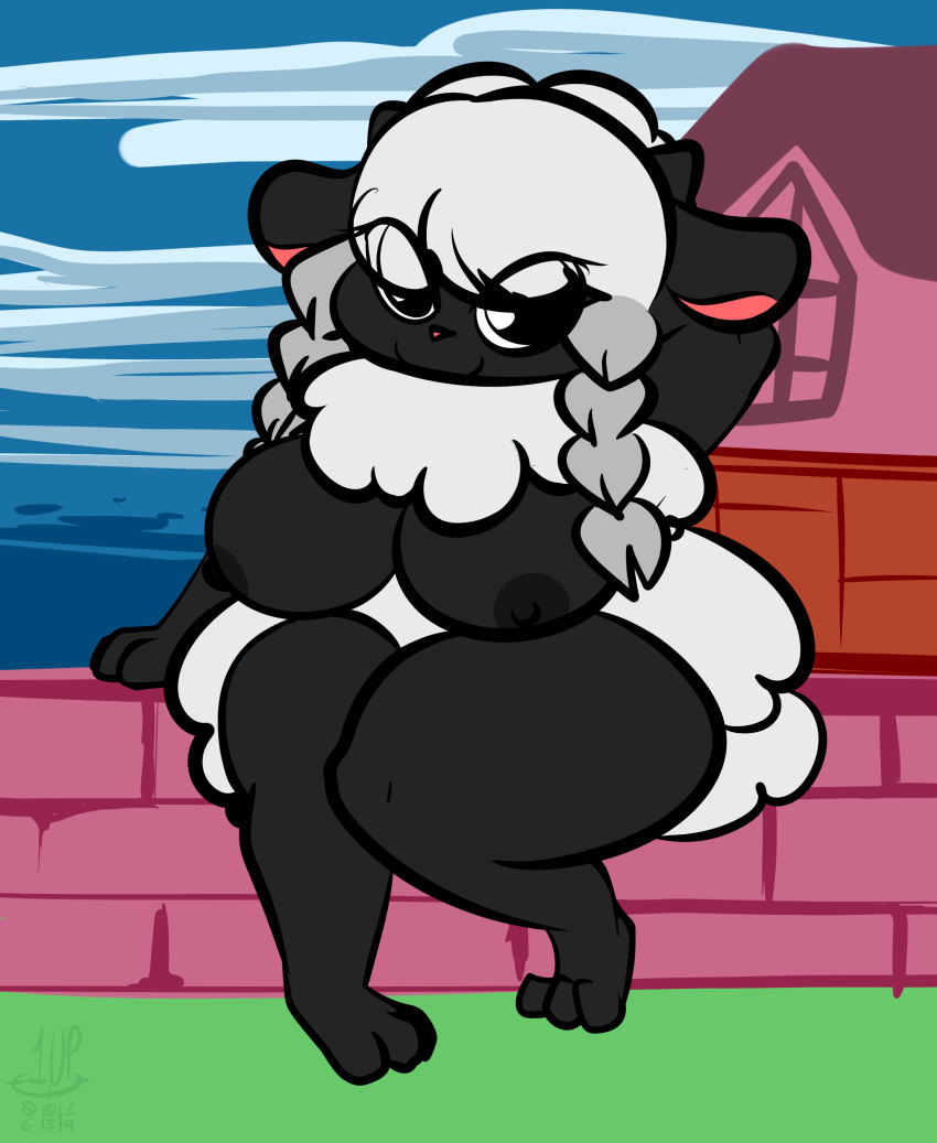 1-upclock anthro anthrofied big_breasts black_fur bovid breasts caprine female fur happy horn mammal nintendo nipples nude pigtails pok&eacute;mon pok&eacute;mon_(species) pok&eacute;morph simple_background smile solo video_games white_fur wool wooloo