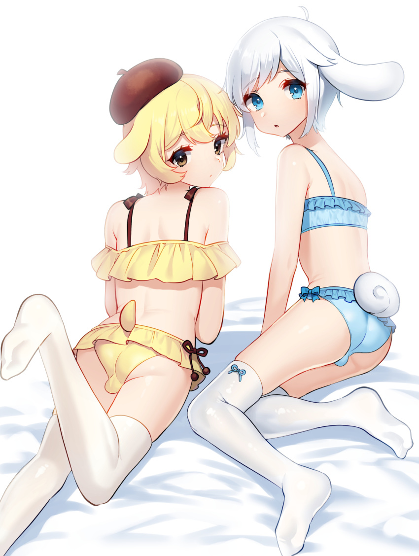 2boys animal_ears ass beret blonde_hair blue_eyes brown_eyes bulge cinnamoroll dog_ears dog_tail dogboy from_behind hat highres lingerie looking_at_viewer looking_back mizuki_eiru_(akagi_kurage) multiple_boys on_bed otoko_no_ko personification pompompurin sanrio simple_background tail thighhighs underwear white_background white_hair white_legwear yorha_no._2_type_b